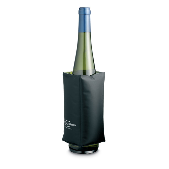 Soft Wine Cooler in black with 1 colour print logo on a wine bottle