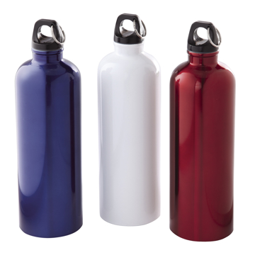 Steel Bike Bottle in blue, white and red with black lids and keyring