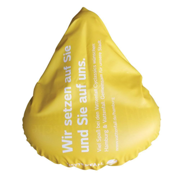 bike seat cover in yellow with branding on the front