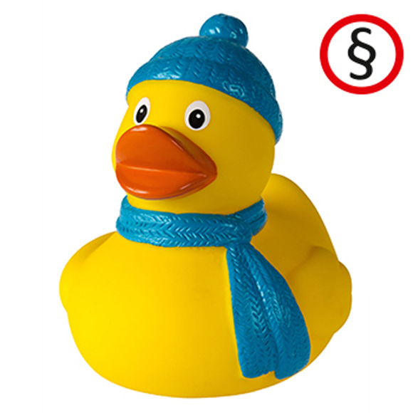 Winter Duck in yellow with blue hat and scarf