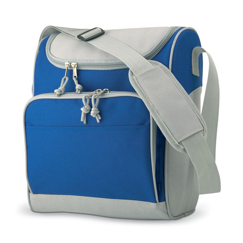 Royal blue cooler bag with grey shoulder strap