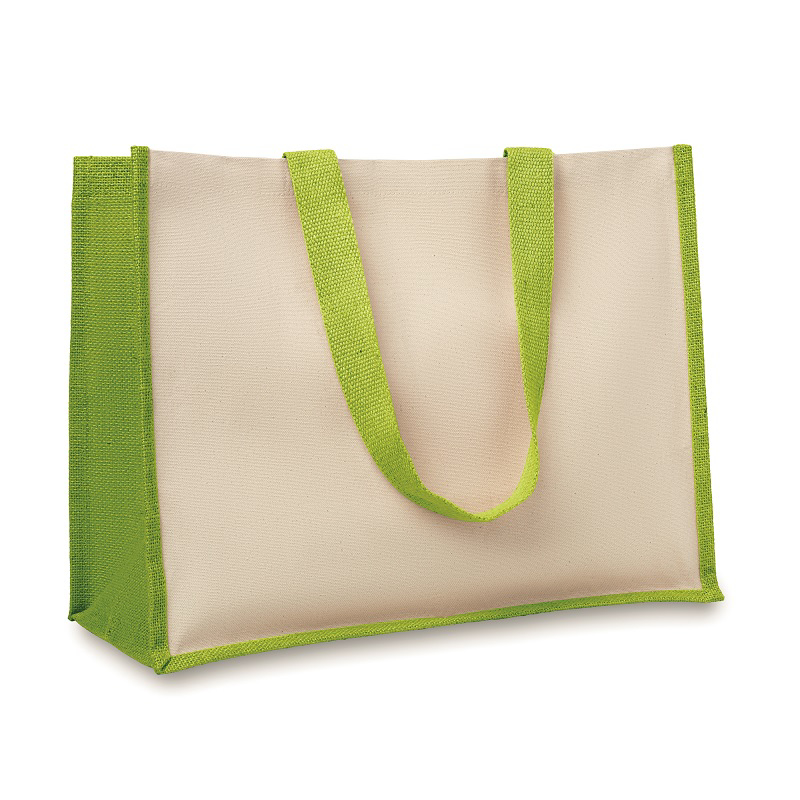 Natural shopper bag with lime green side panels and matching shoulder handles