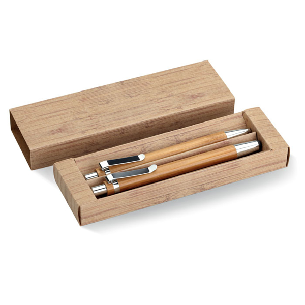 Bambooset with stylus pen an mechanical pencil in a paper box