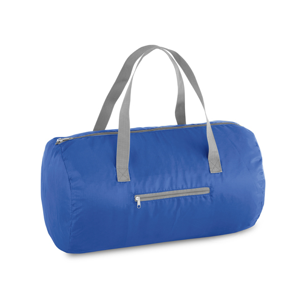 Foldable gym bag in blue with grey straps and details