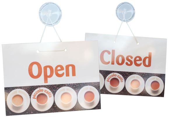 an open and a closed sign with images of hot drinks