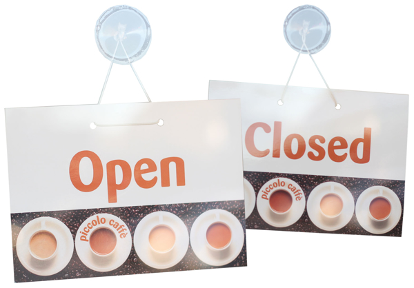 an open and a closed sign with images of hot drinks