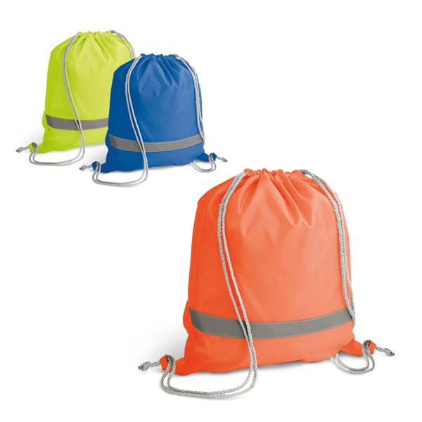 Reflective Drawstring Bag in yellow, blue and orange with reflective stripe