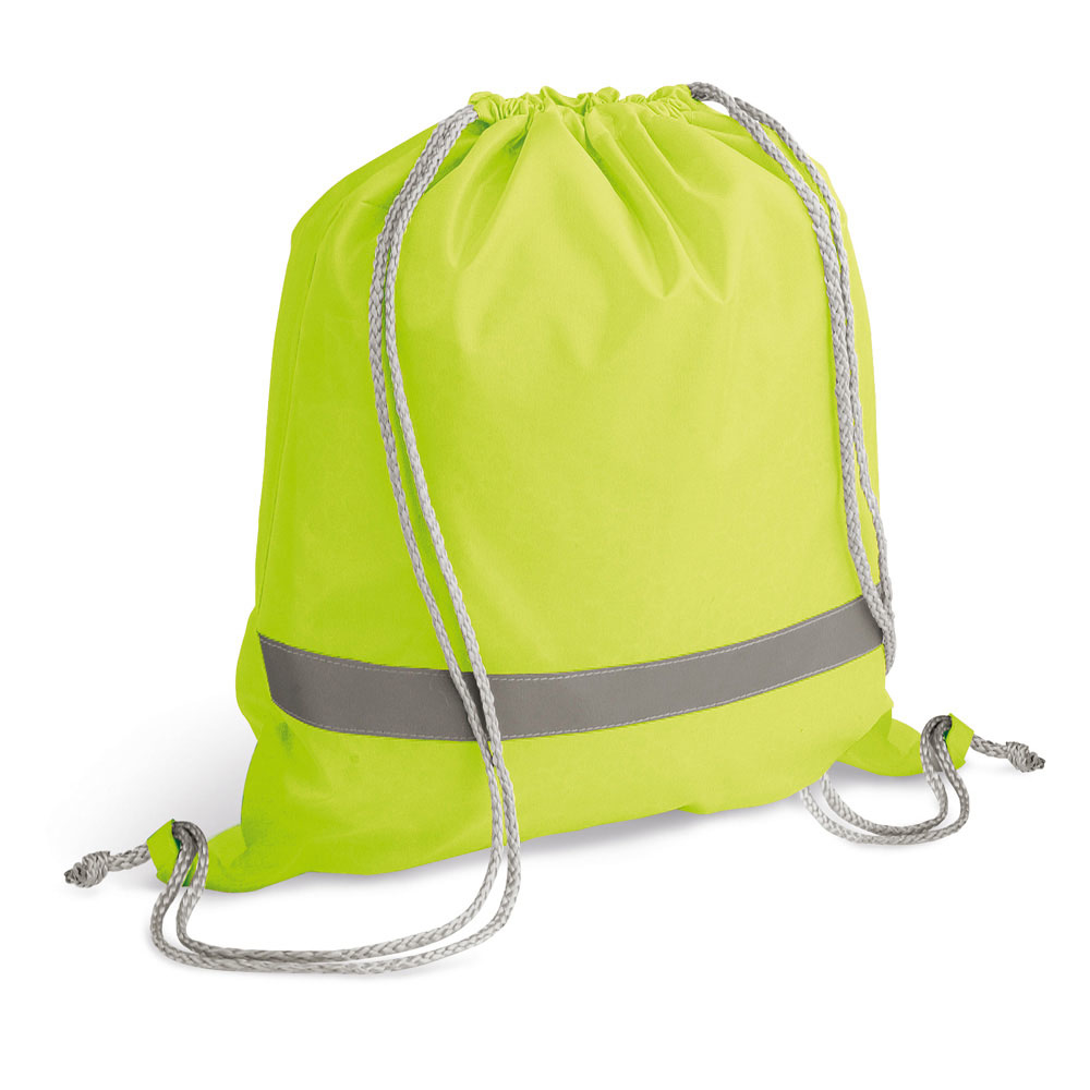Reflective Drawstring Bag in yellow with reflective stripe and grey strings