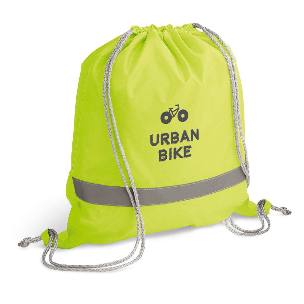 Reflective Drawstring Bag in yellow with reflective stripe and grey strings with 1 colour logo