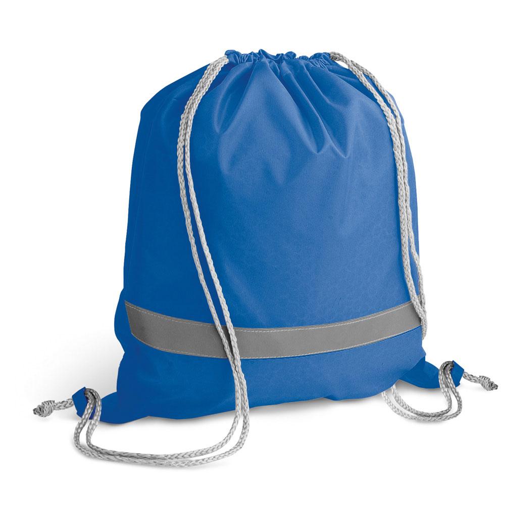 Reflective Drawstring Bag in blue with reflective stripe and grey strings