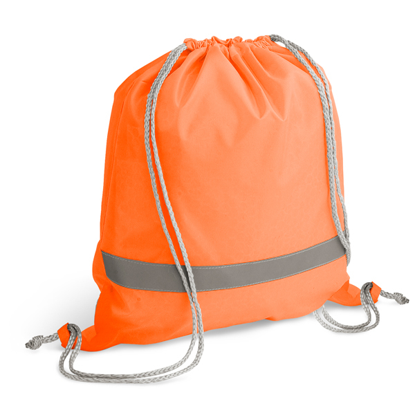 Reflective Drawstring Bag in orange with reflective stripe and grey strings