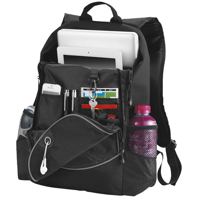 Benton 15" laptop Backpack in black showing inside of backpack