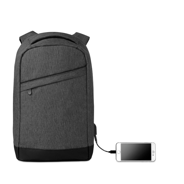 Berlin Charging Laptop Rucksack in black showing charger