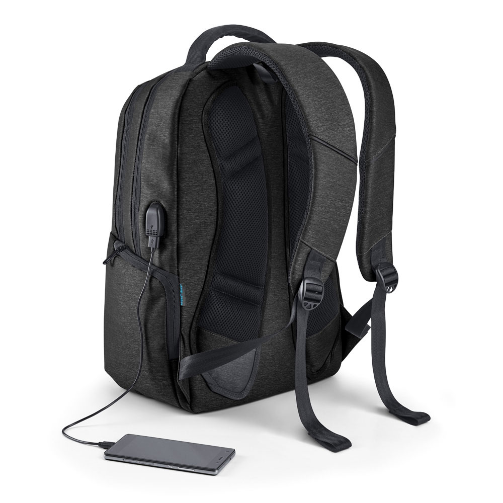 Boston Laptop Backpack in black showing USB port