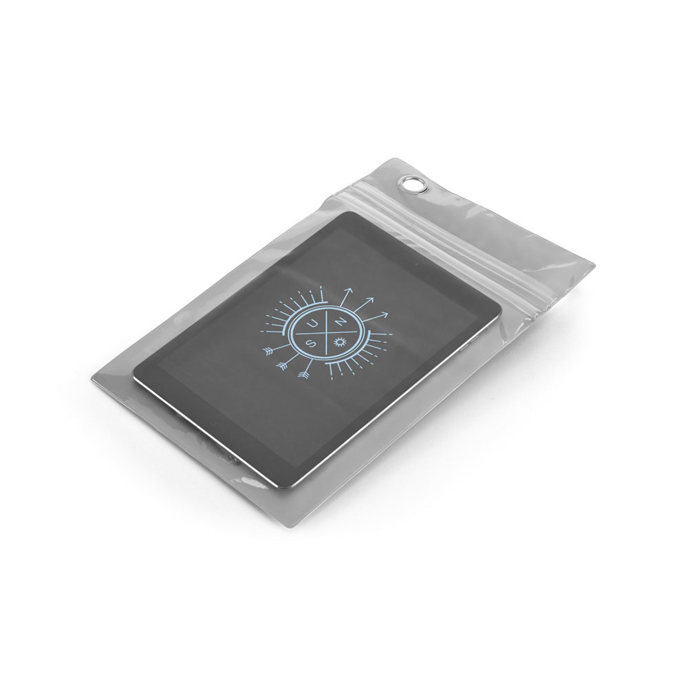 Waterproof tablet case eith grey back and clear front with 1 colour logo