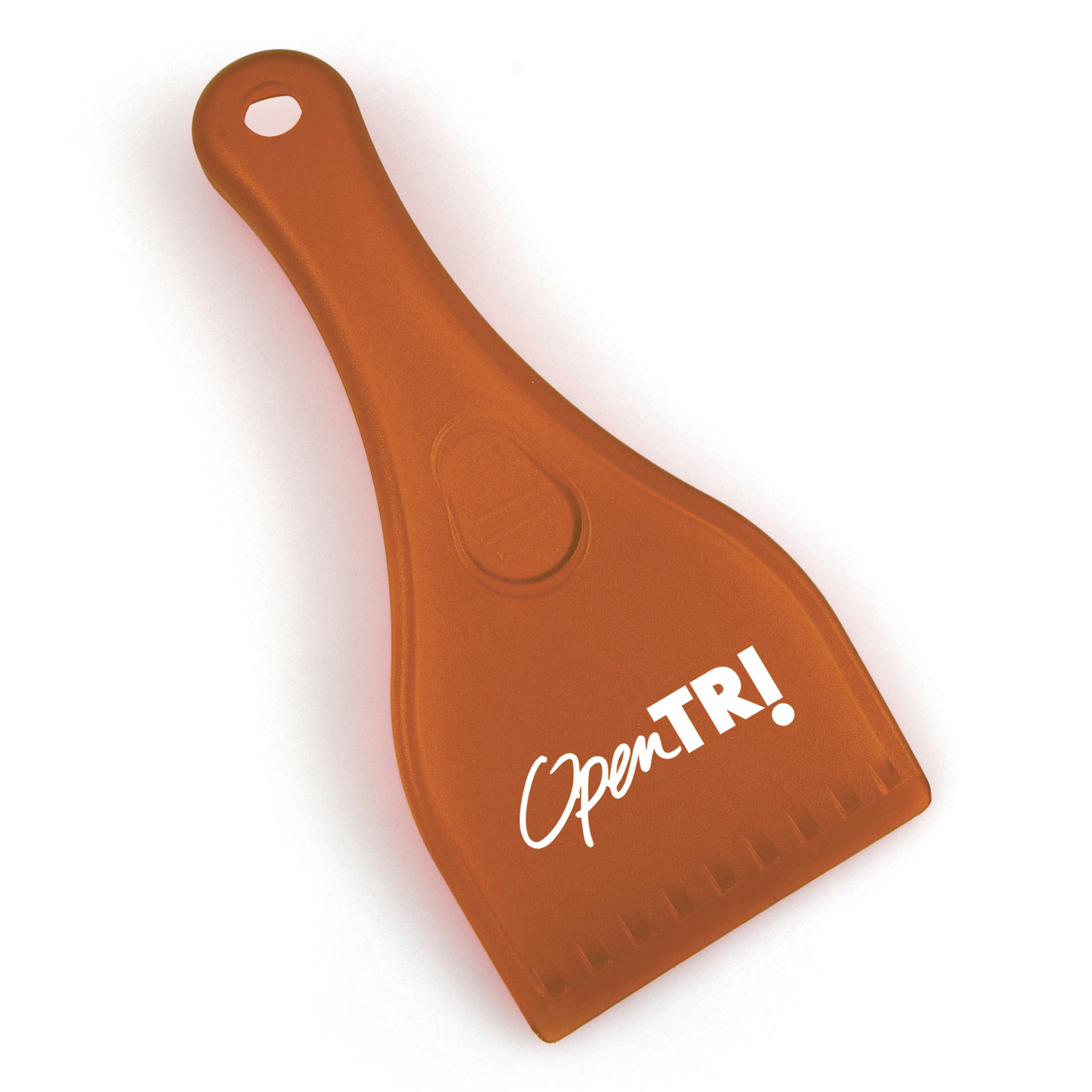 ice scraper with handle in orange with a white logo
