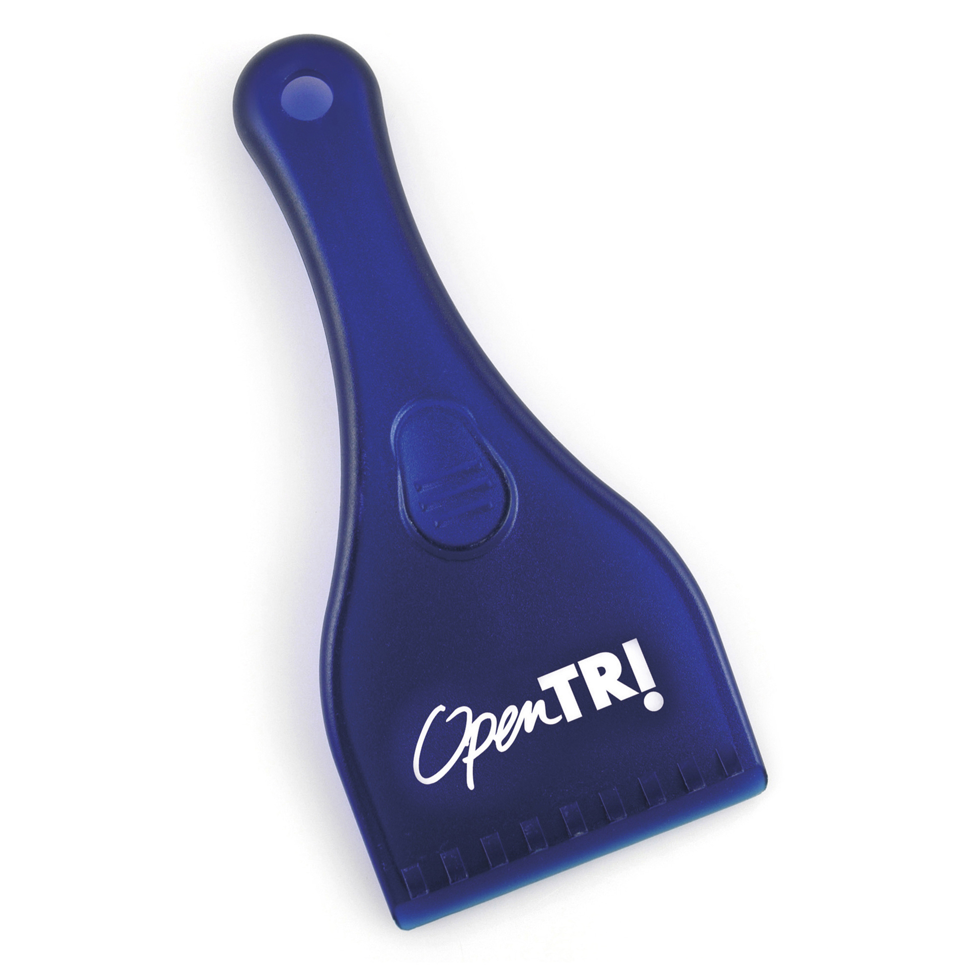 ice scraper with handle in blue with a white logo