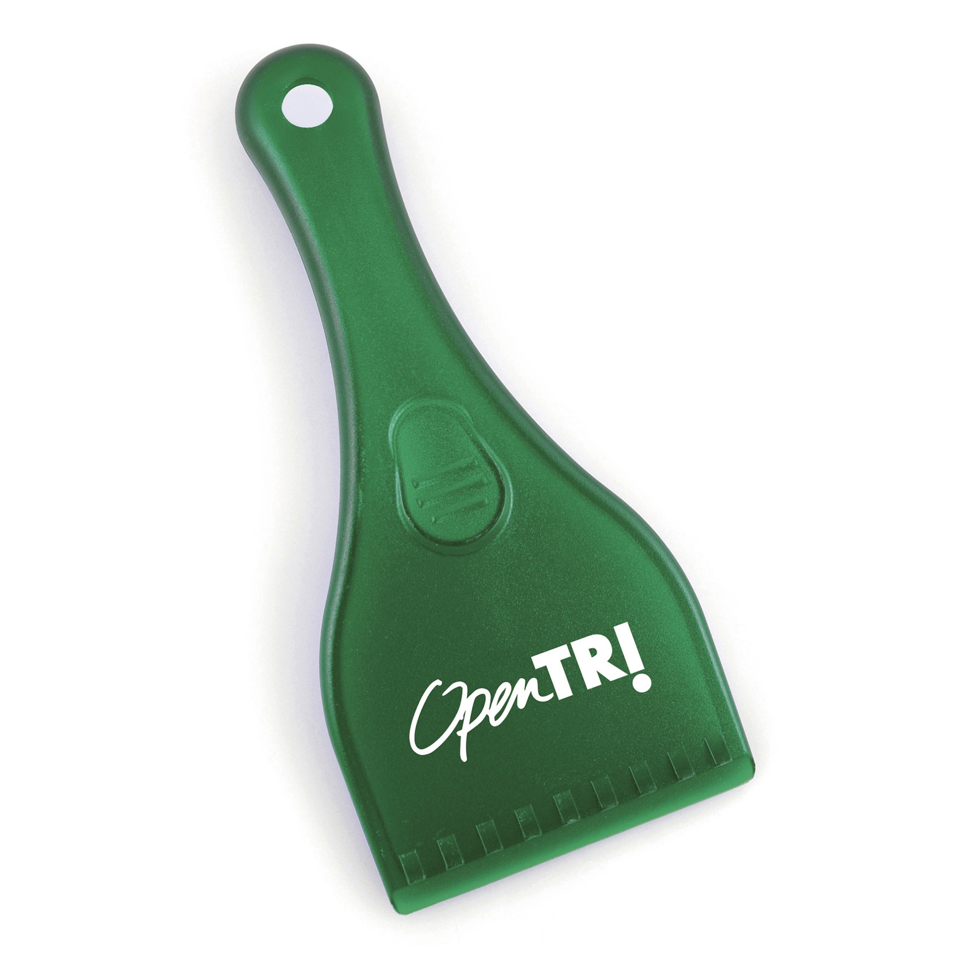 ice scraper with handle in green with a white logo