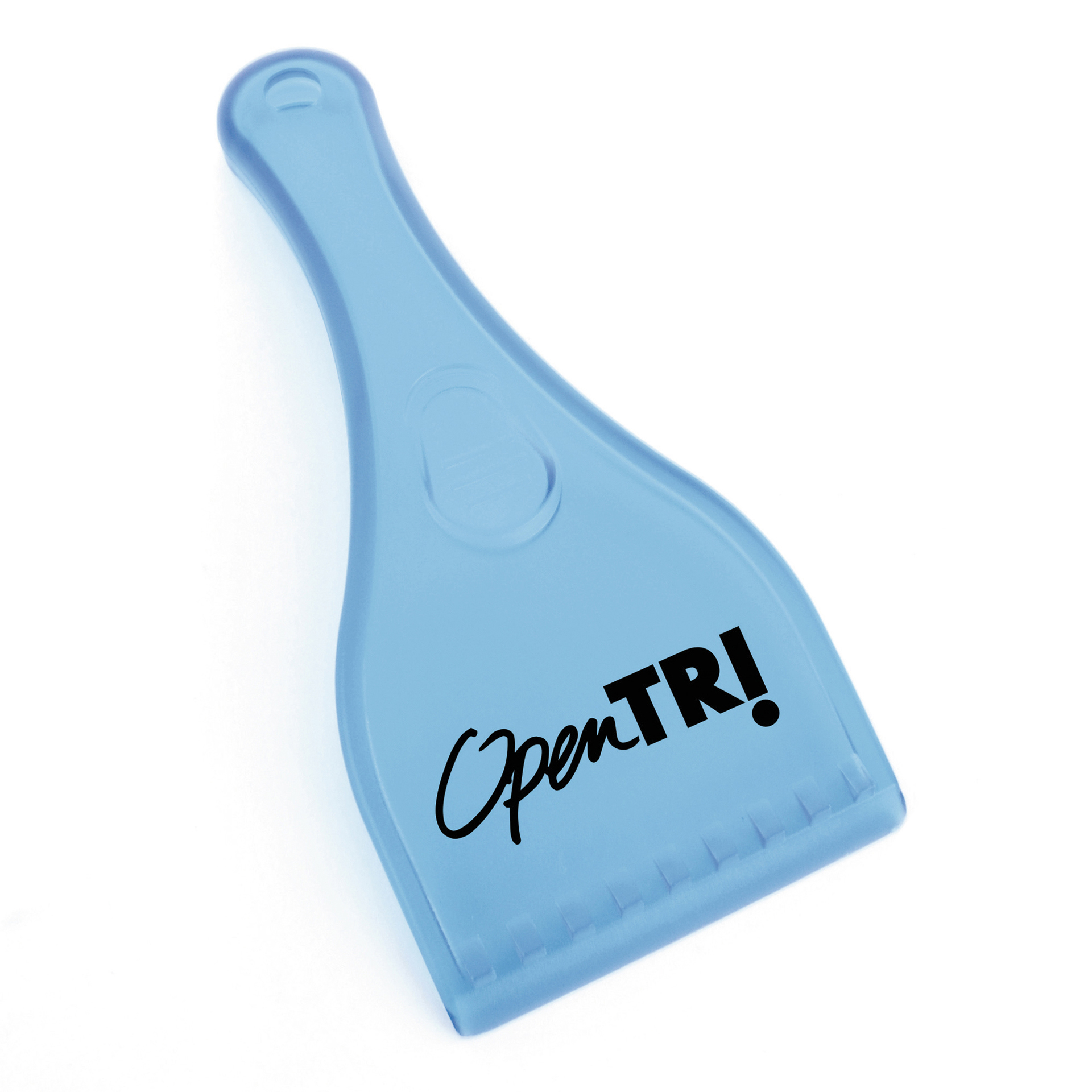 ice scraper with handle in light blue with a black logo