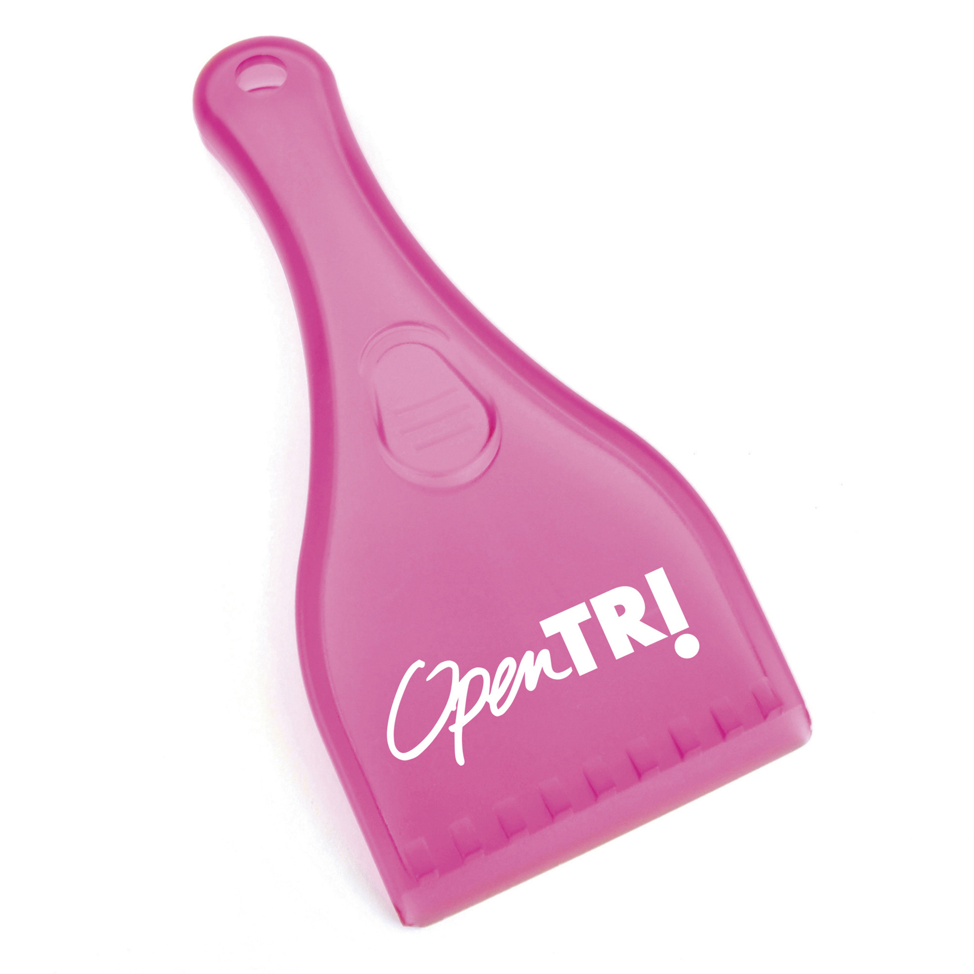 ice scraper with handle in pink with a white logo