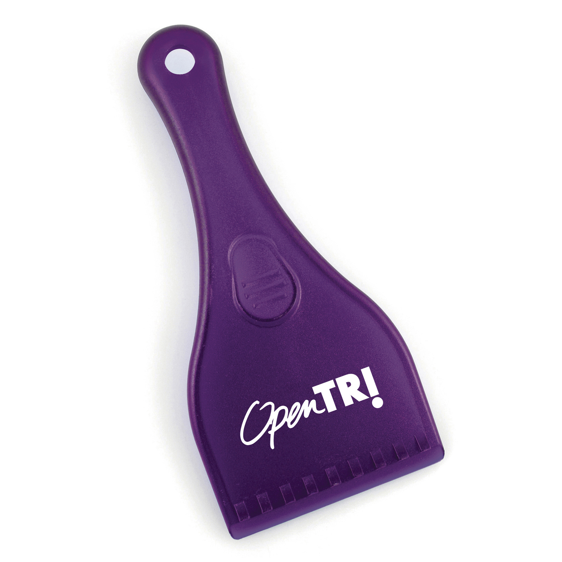 ice scraper with handle in purple with a white logo