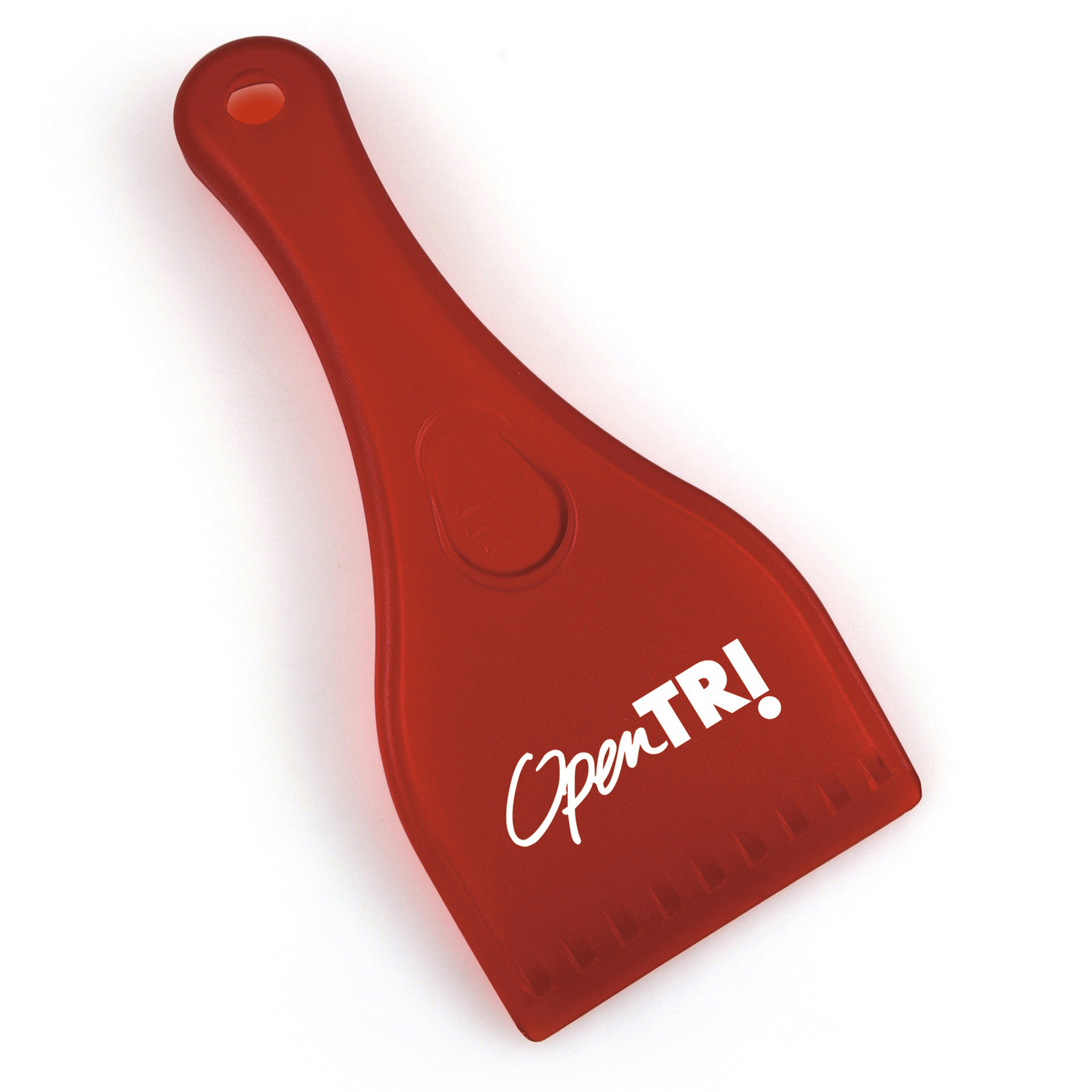 ice scraper with handle in red with a white logo