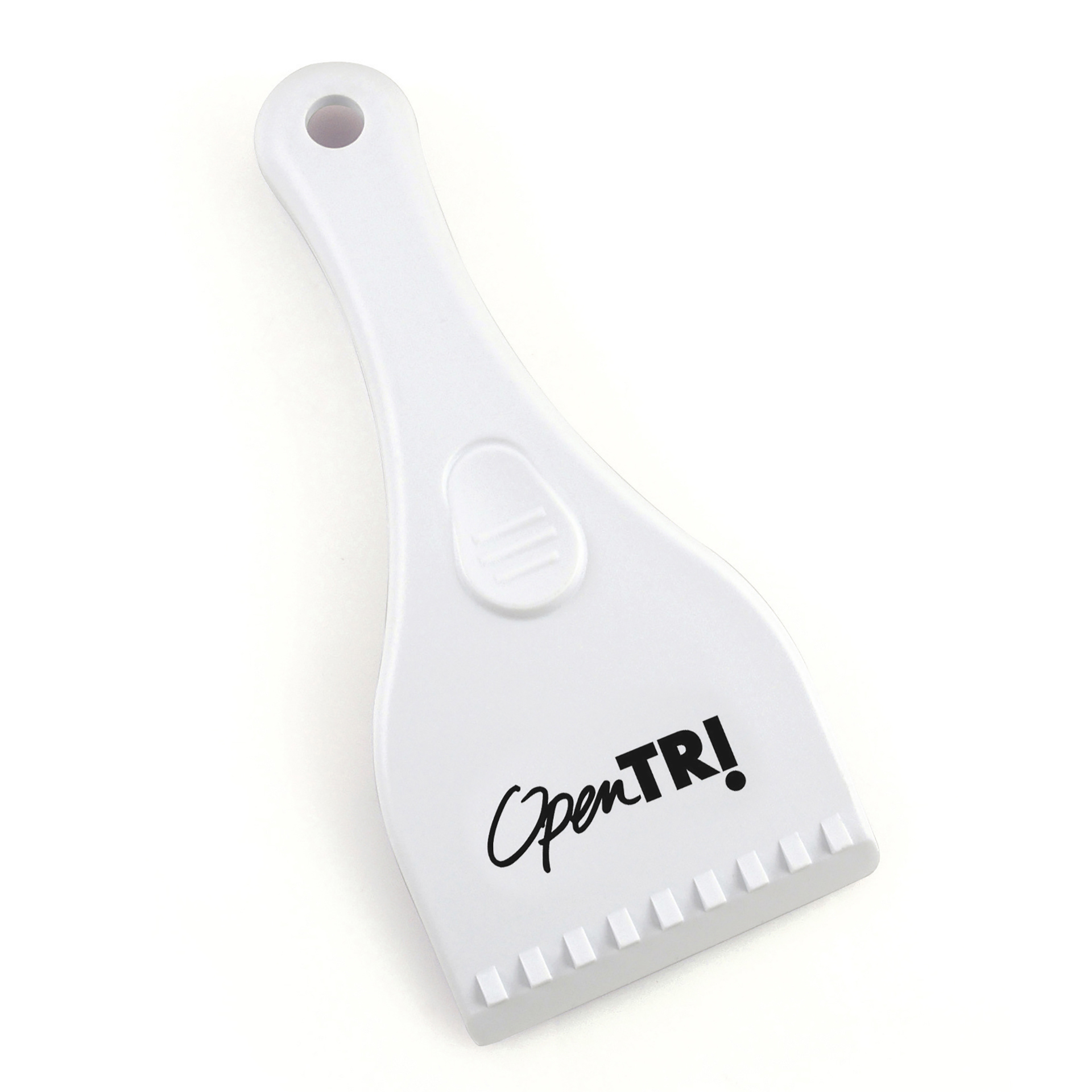 ice scraper with handle in white plastic with a black logo