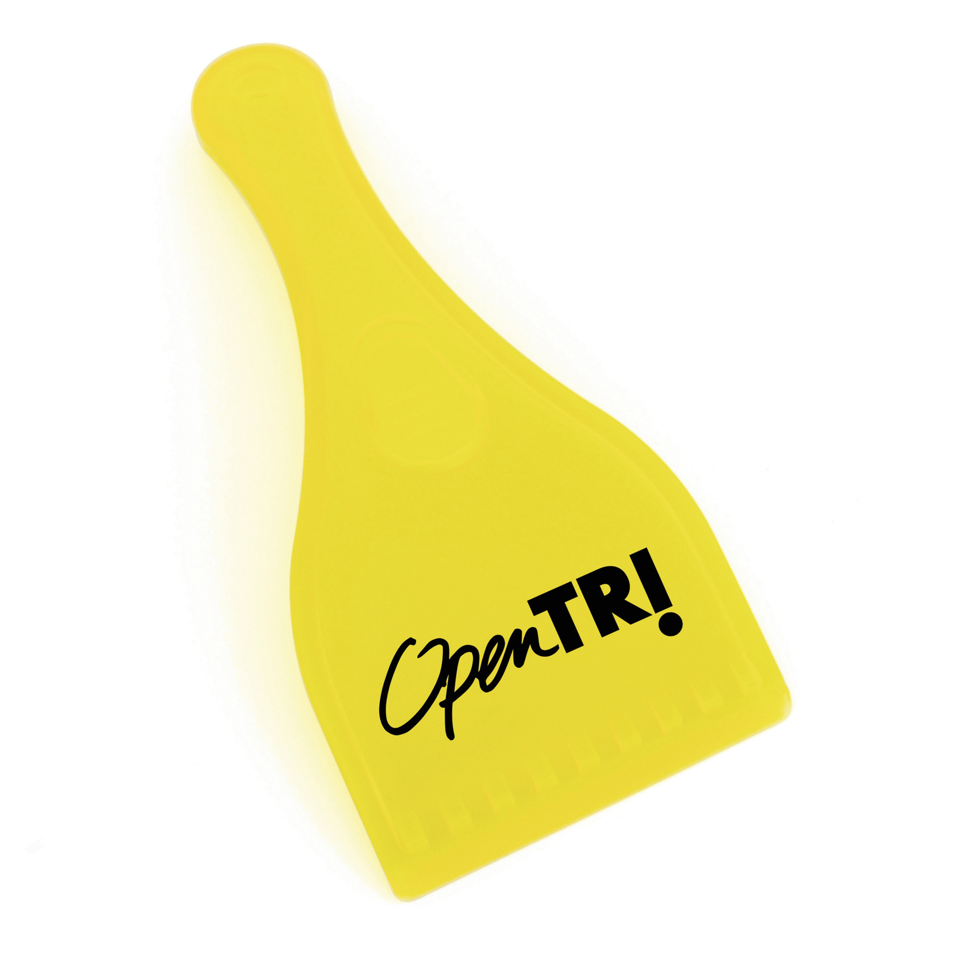 ice scraper with handle in yellow plastic with a black logo