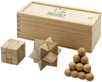 a wooden box with a corporate logo and three wooden brain teaser puzzles