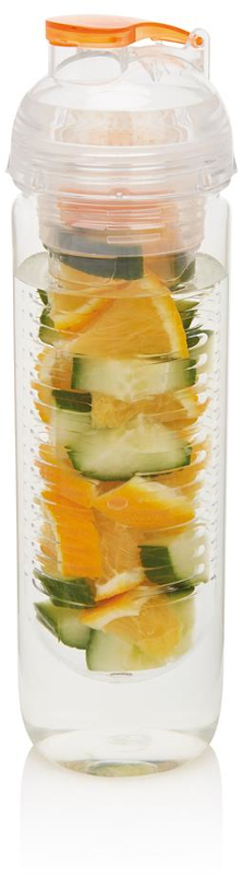 clear water bottle with orange flip top and fruit filled fruit infuser