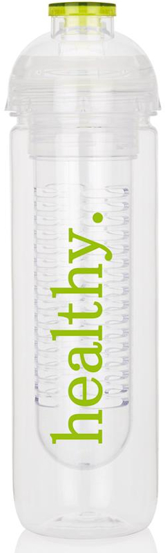 clear water bottle with green flip top and printed logo