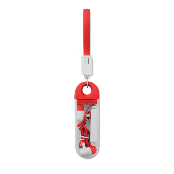 Hip Hop Earphones in red and white in clear case with red strap