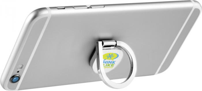 Aluminium ring phone holder in silver being used as stand with 3 colour print logo