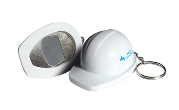 white hard hat with a bottle opener in the centre of the hat 