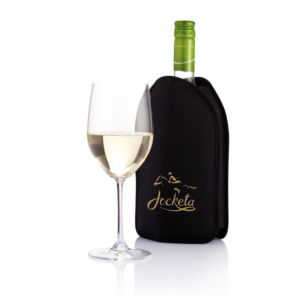 Sleeve Wine Cooler in black with wine bottle in it and with 1 colour logo on front of sleeve