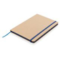 Eco Friendly A5 Kraft Notebook in brown with blue elastic closure strap, ribbon and page edges