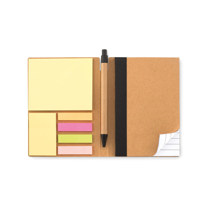 Recycled Notebook Set showing inside with 4 colour sticky tabs, 2 sizes of sticky memo pads, lined paper and pen