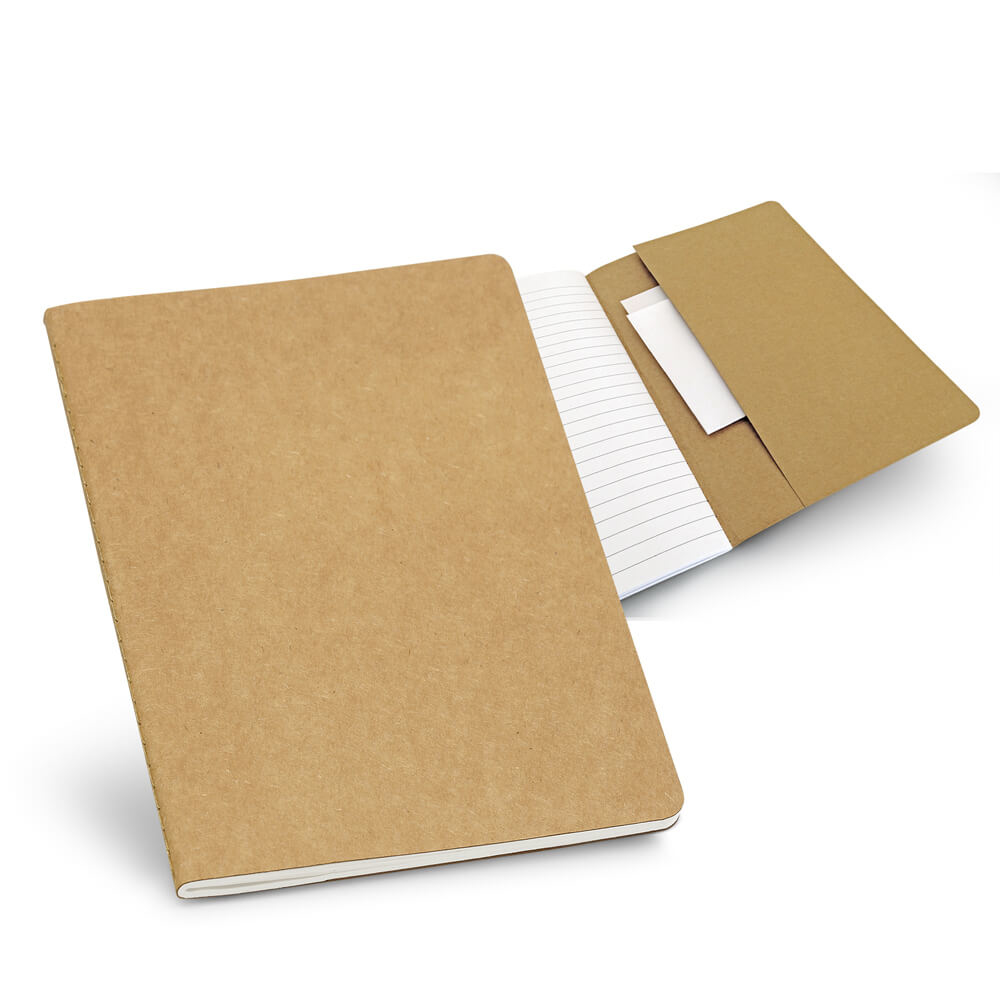 Recycled Notepad in brown showing lined pages and pocket at back of notepad