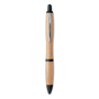 Bamboo ball pen with silver clip and black push button, nose cone and trim
