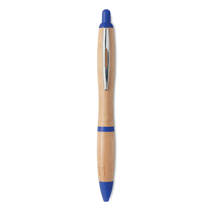 Bamboo ball pen with silver clip and navy push button, nose cone and trim