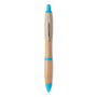 Bamboo ball pen with silver clip and blue push button, nose cone and trim