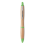 Bamboo ball pen with silver clip and green push button, nose cone and trim