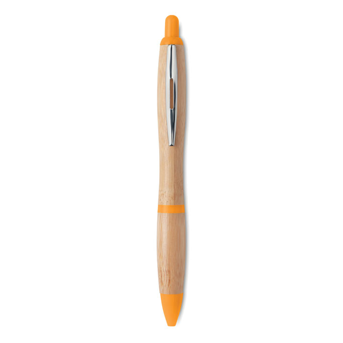Bamboo ball pen with silver clip and orange push button, nose cone and trim