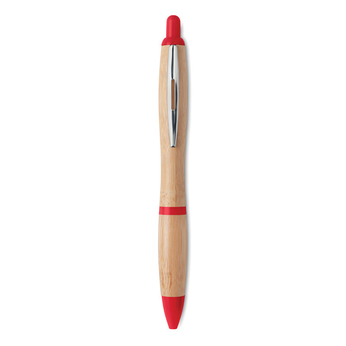 Bamboo ball pen with silver clip and red push button, nose cone and trim