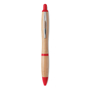 Bamboo ball pen with silver clip and red push button, nose cone and trim