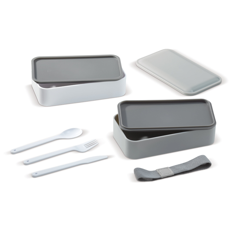 Multiple Compartment Cutlery Set Bento Lunch Box  showing contents in grey and white