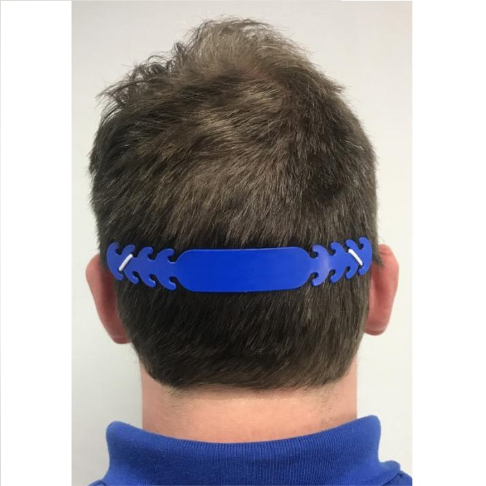 Face Mask Comfort Strap in blue showing it round the back of his head