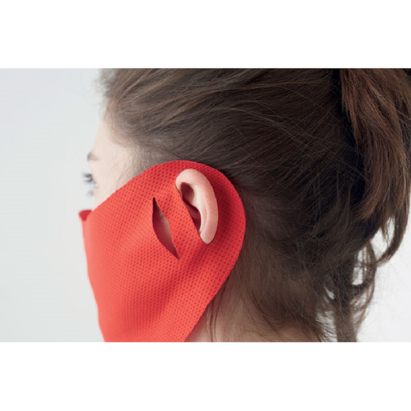 Coverface face mask in red worn around ear