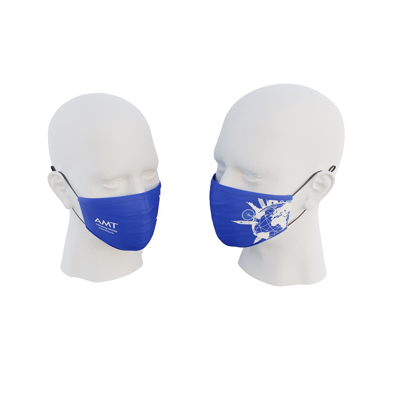 Premier 3ply Face Mask in blue with 1 colour print showing both side views