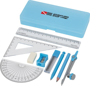 Julia Geometry Set in blue with case with 3 colour print logo and contents laid out